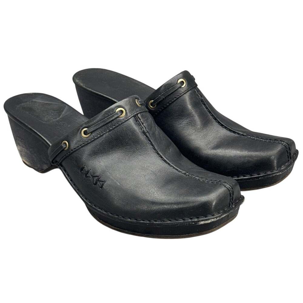 Timberland Black Leather Wedge Square Toe Slip On Mule Women 7.5